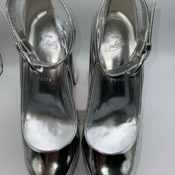 Christian Louboutin Silver Movida Strap Patent Leather Platform Pumps Sz 38 - Picture 5 of 6